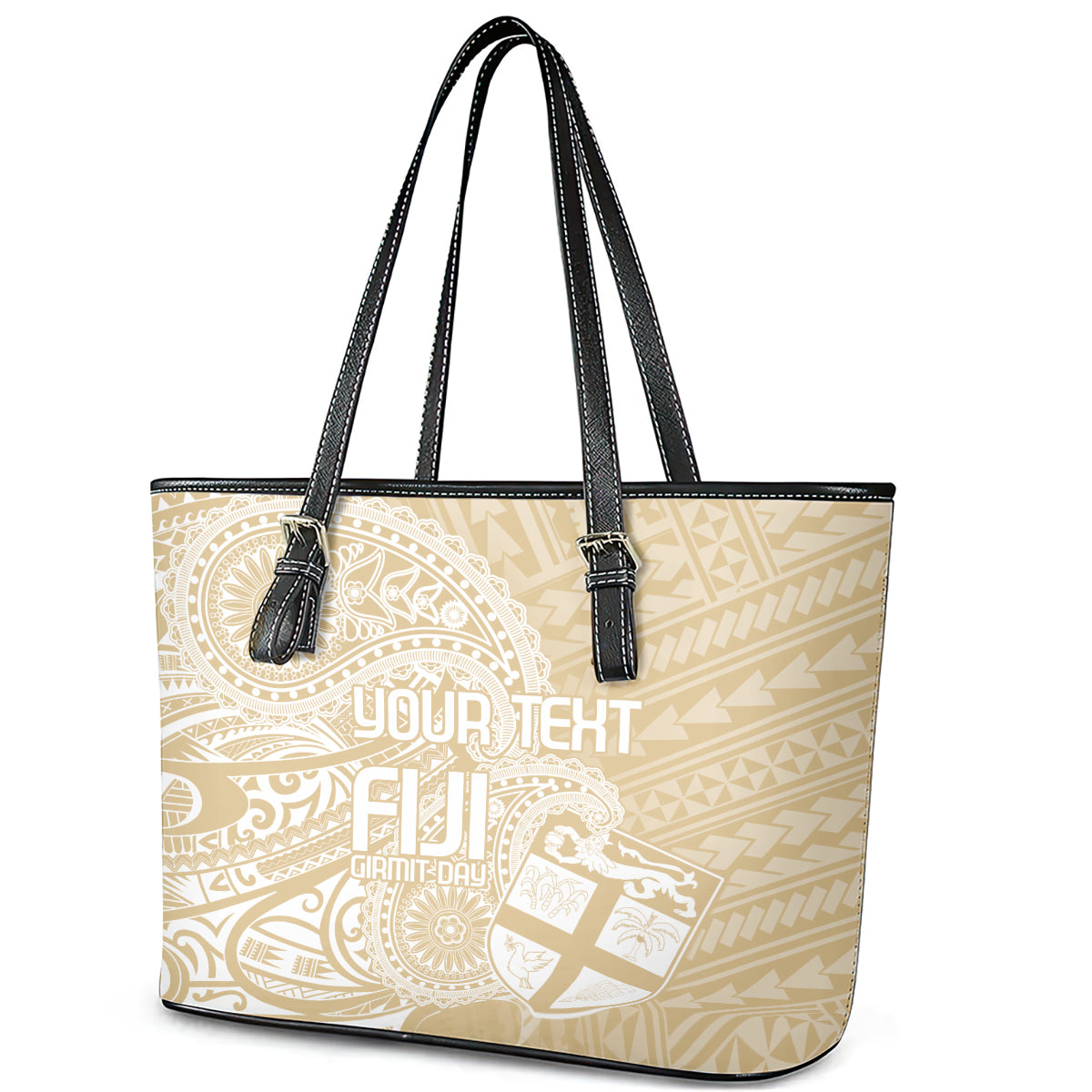 Custom Indo Fijians Leather Tote Bag Fiji ke Hindustani Polyneisan Paisley Beige Style LT9