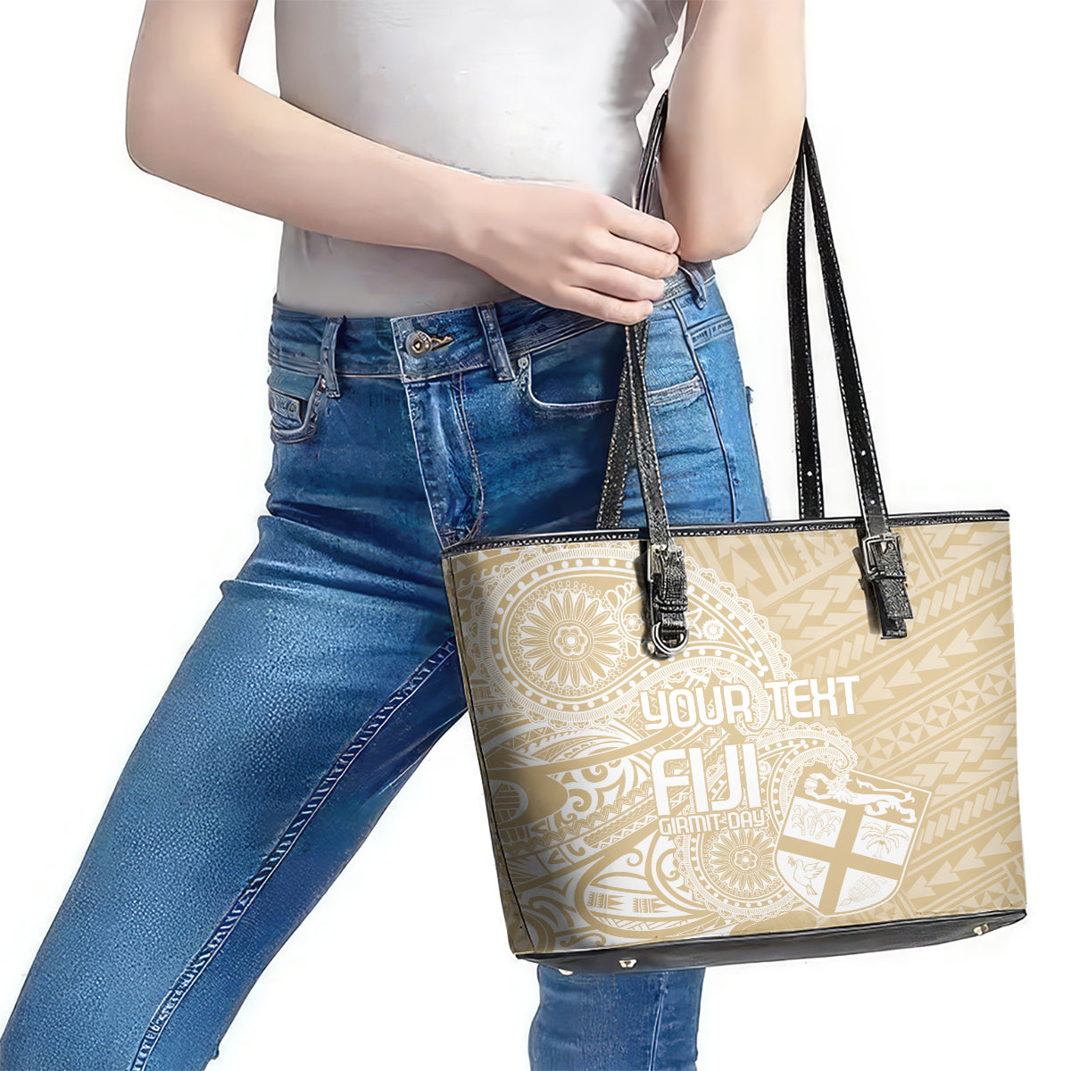 Custom Indo Fijians Leather Tote Bag Fiji ke Hindustani Polyneisan Paisley Beige Style LT9