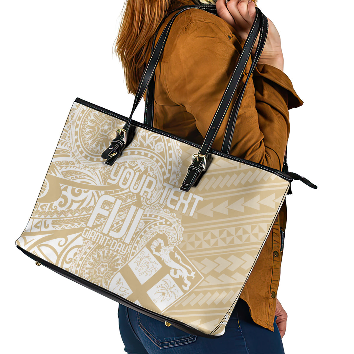 Custom Indo Fijians Leather Tote Bag Fiji ke Hindustani Polyneisan Paisley Beige Style LT9