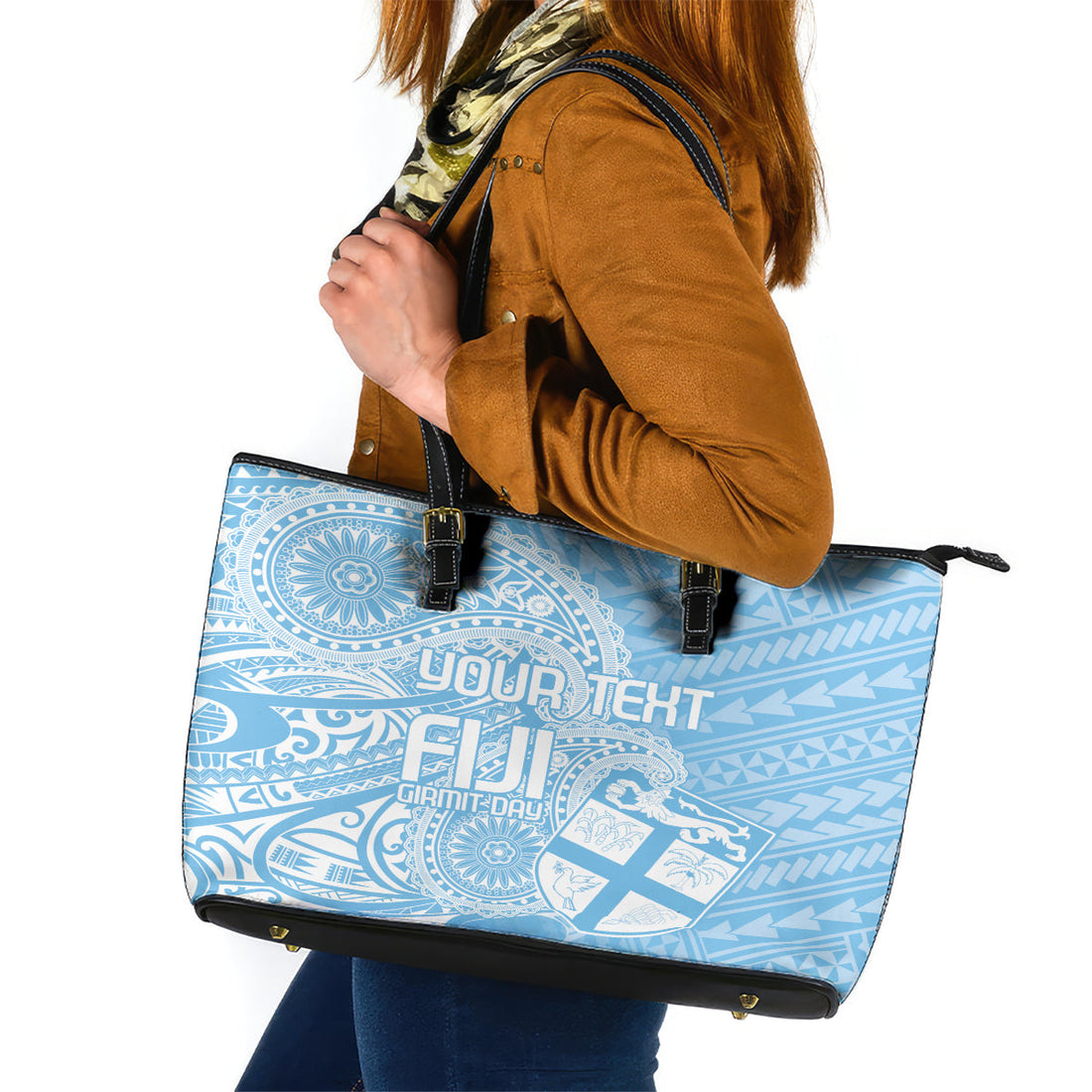 Custom Indo Fijians Leather Tote Bag Fiji ke Hindustani Polyneisan Paisley Blue Style LT9