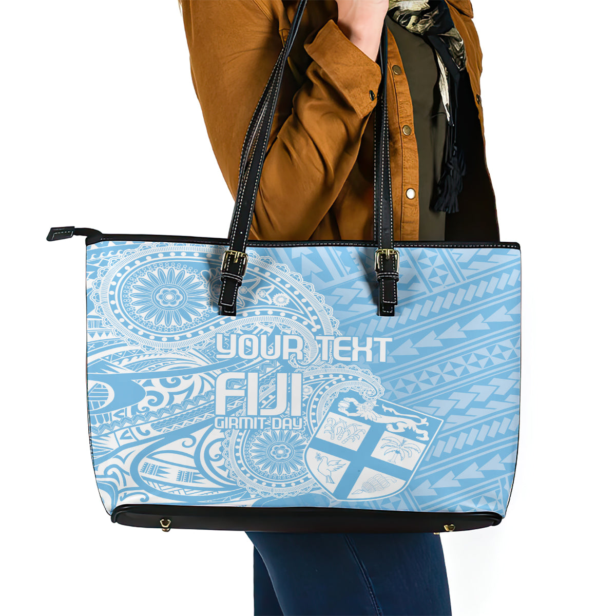 Custom Indo Fijians Leather Tote Bag Fiji ke Hindustani Polyneisan Paisley Blue Style LT9