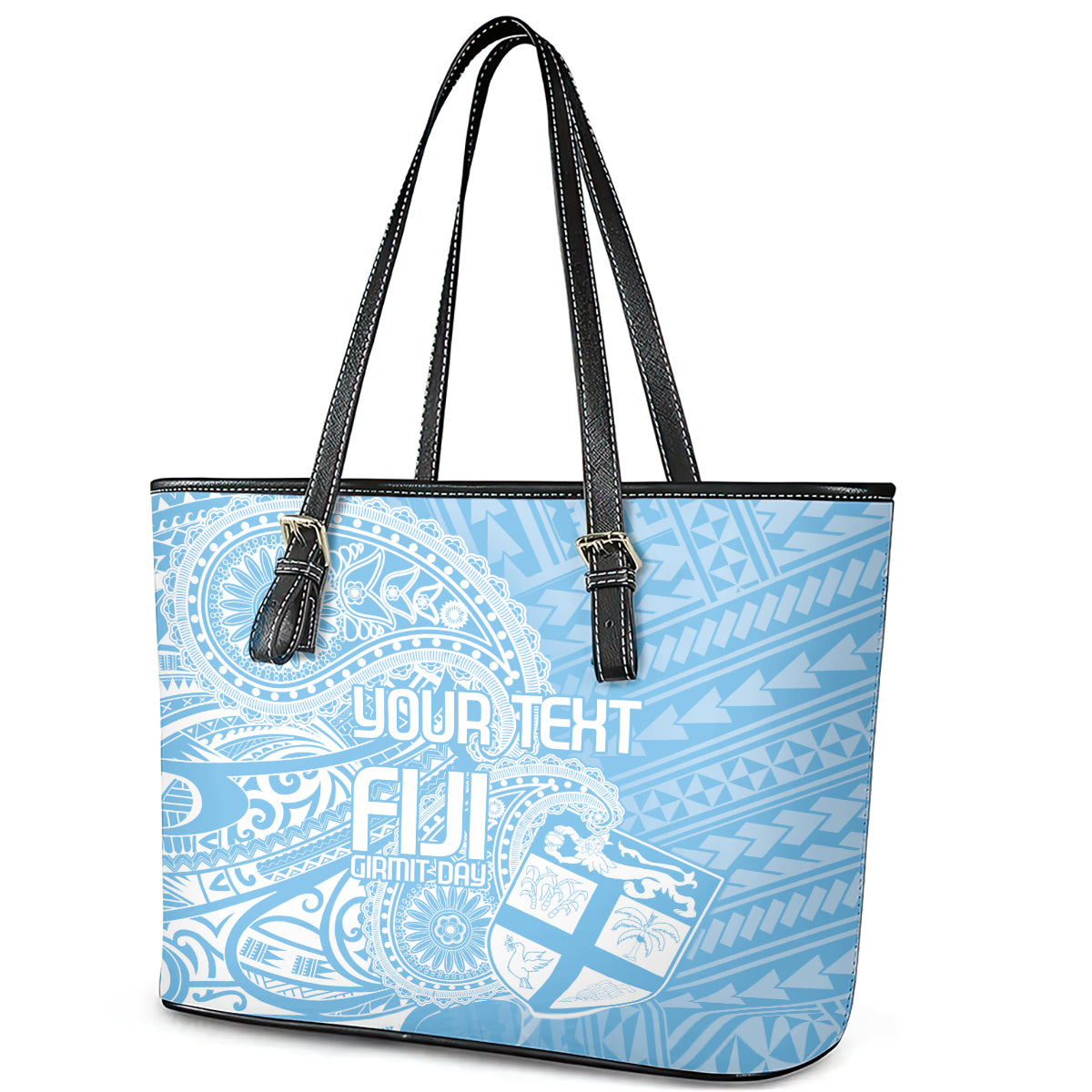 Custom Indo Fijians Leather Tote Bag Fiji ke Hindustani Polyneisan Paisley Blue Style LT9