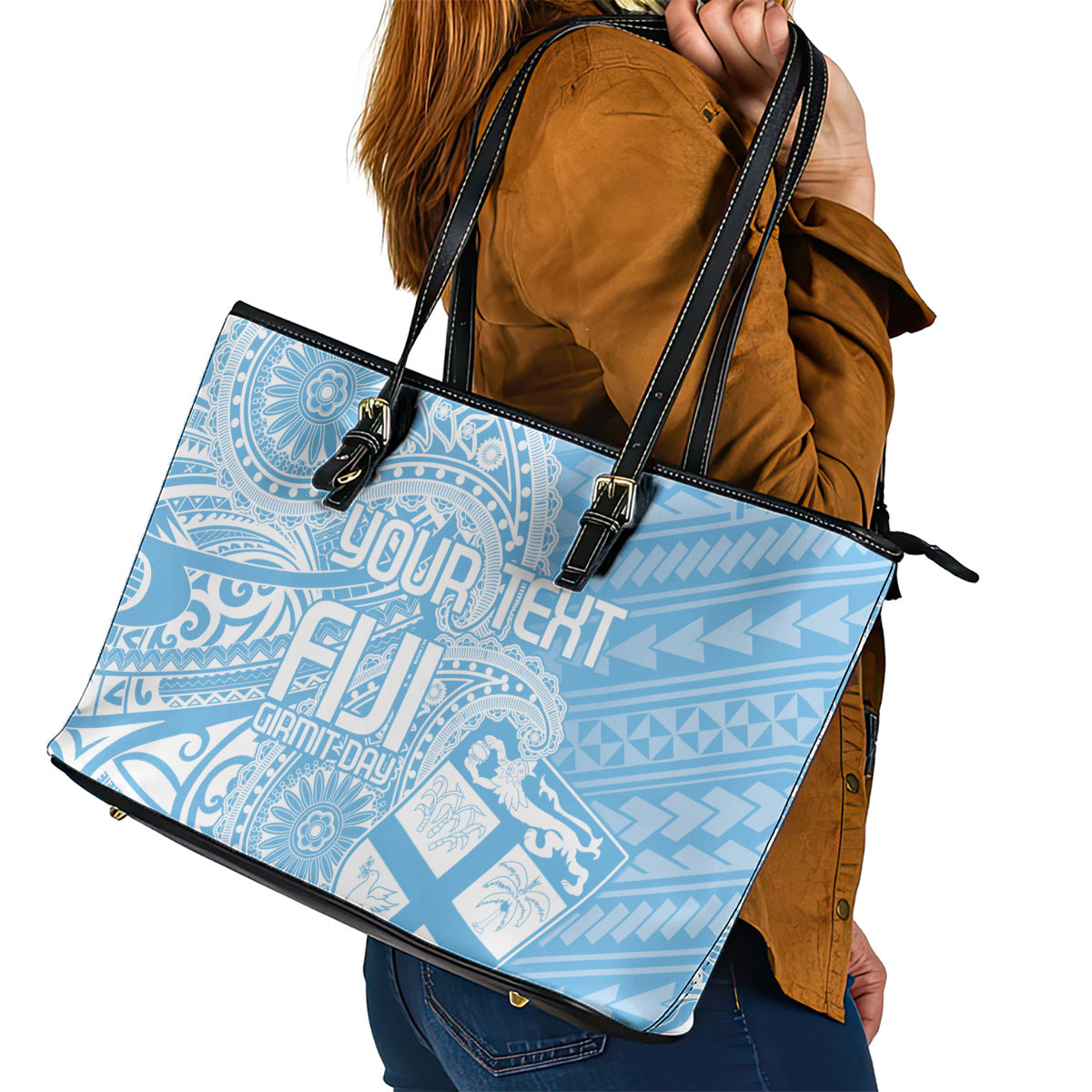 Custom Indo Fijians Leather Tote Bag Fiji ke Hindustani Polyneisan Paisley Blue Style LT9
