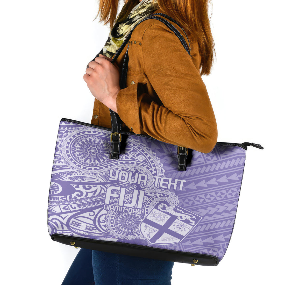 Custom Indo Fijians Leather Tote Bag Fiji ke Hindustani Polyneisan Paisley Purple Style LT9