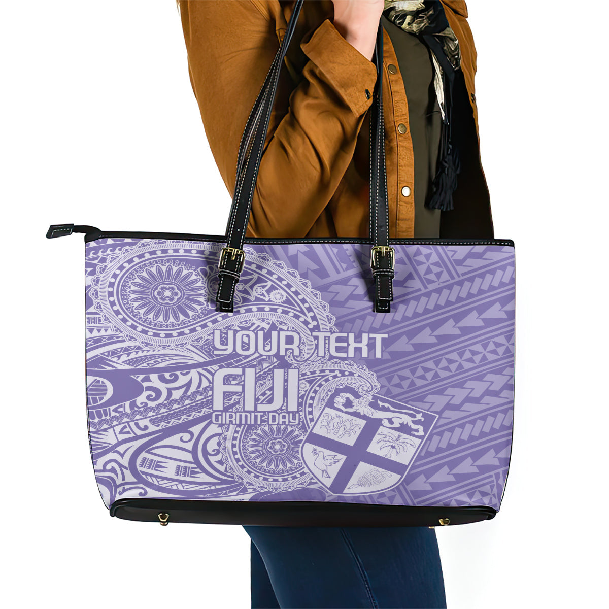 Custom Indo Fijians Leather Tote Bag Fiji ke Hindustani Polyneisan Paisley Purple Style LT9