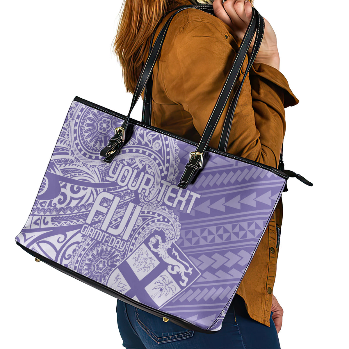 Custom Indo Fijians Leather Tote Bag Fiji ke Hindustani Polyneisan Paisley Purple Style LT9