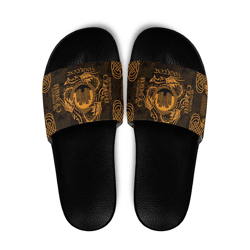 Personalized Denbighshire Sir Ddinbych Slide Sandals Gold Gatehouse Denbigh Castle Celtic-inspired LT9
