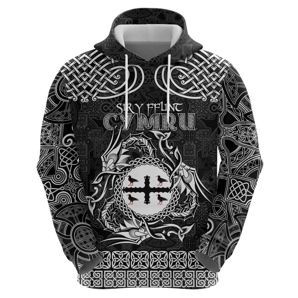 Personalized Flintshire Sir y Fflint Hoodie Black Four Choughs Celtic-inspired LT9
