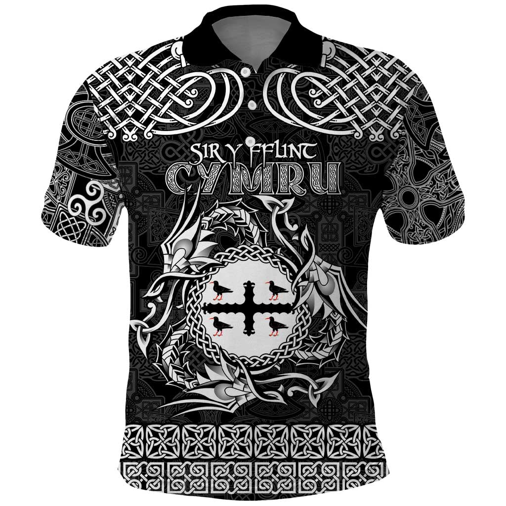 Personalized Flintshire Sir y Fflint Polo Shirt Black Four Choughs Celtic-inspired LT9
