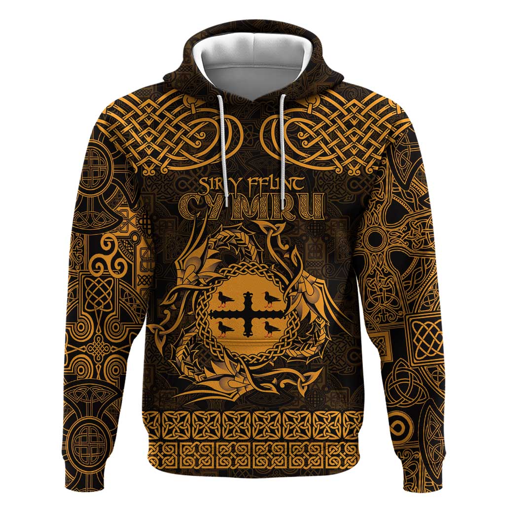Personalized Flintshire Sir y Fflint Hoodie Gold Four Choughs Celtic-inspired LT9