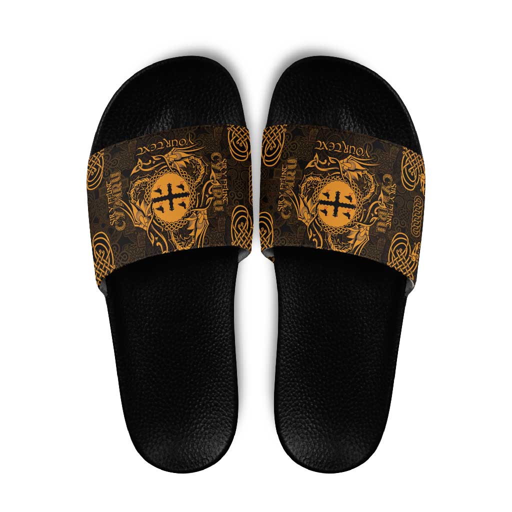 Personalized Flintshire Sir y Fflint Slide Sandals Gold Four Choughs Celtic-inspired LT9