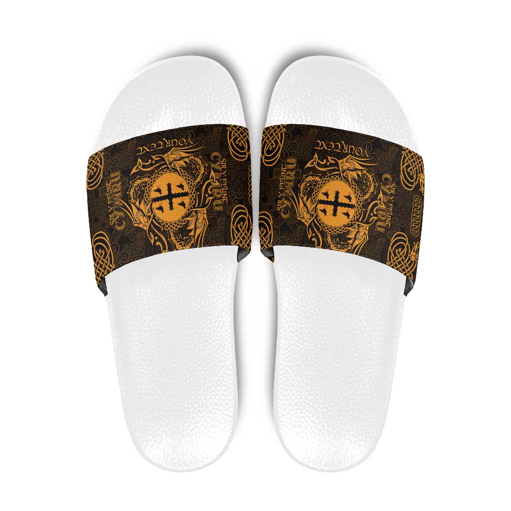Personalized Flintshire Sir y Fflint Slide Sandals Gold Four Choughs Celtic-inspired LT9