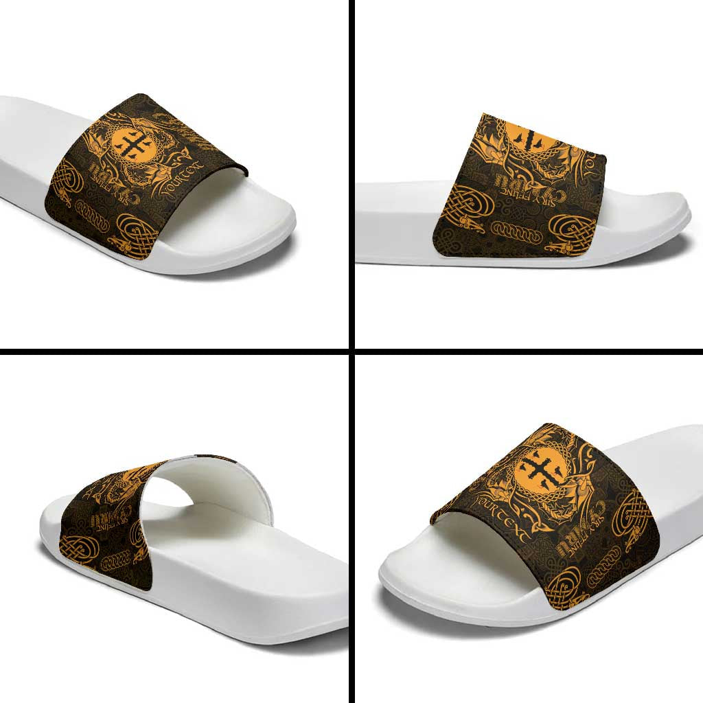 Personalized Flintshire Sir y Fflint Slide Sandals Gold Four Choughs Celtic-inspired LT9