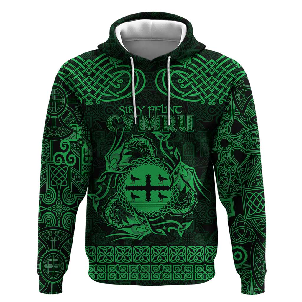 Personalized Flintshire Sir y Fflint Hoodie Green Four Choughs Celtic-inspired LT9