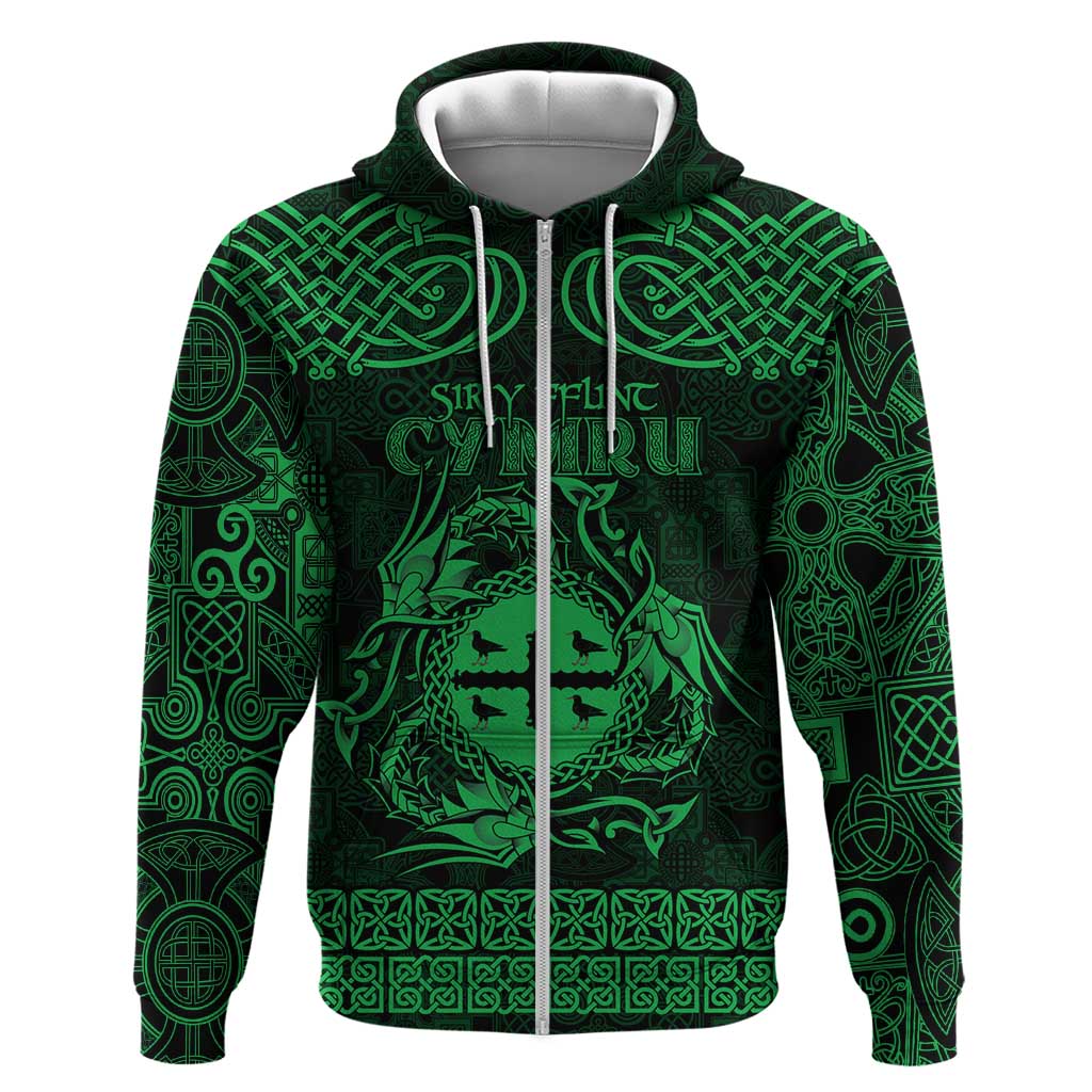 Personalized Flintshire Sir y Fflint Hoodie Green Four Choughs Celtic-inspired LT9