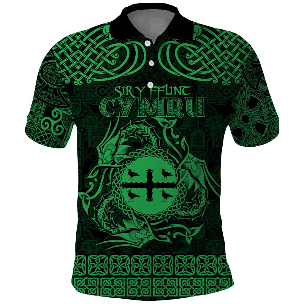 Personalized Flintshire Sir y Fflint Polo Shirt Green Four Choughs Celtic-inspired LT9