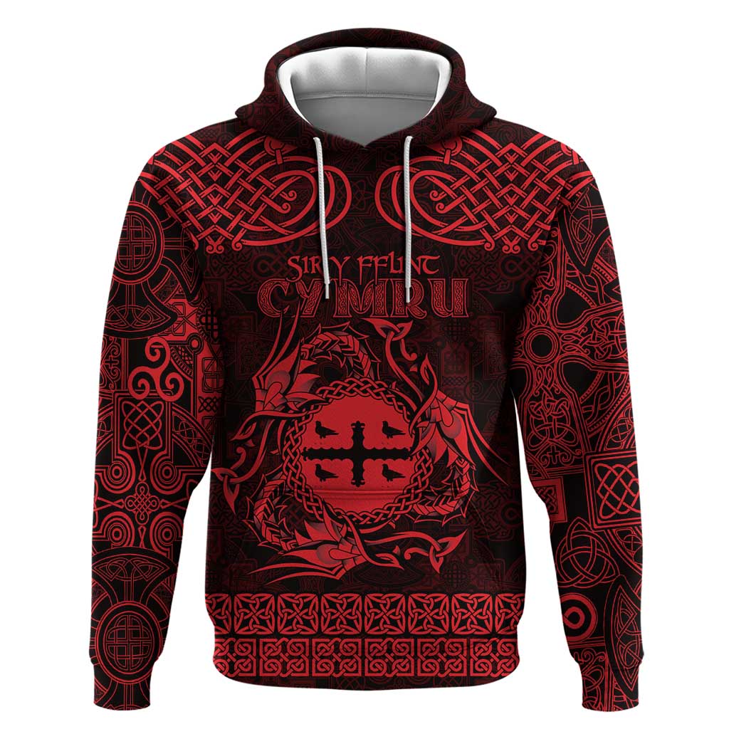 Personalized Flintshire Sir y Fflint Hoodie Red Four Choughs Celtic-inspired LT9