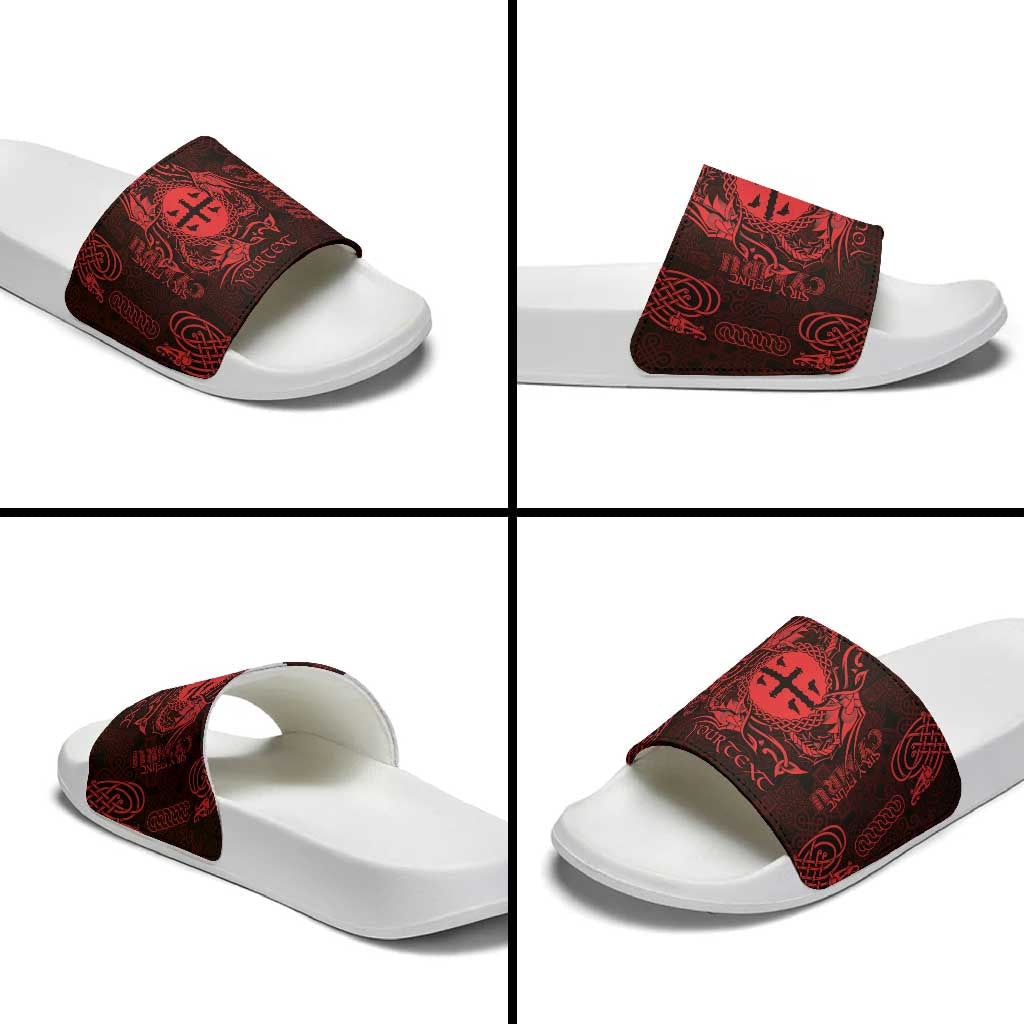 Personalized Flintshire Sir y Fflint Slide Sandals Red Four Choughs Celtic-inspired LT9