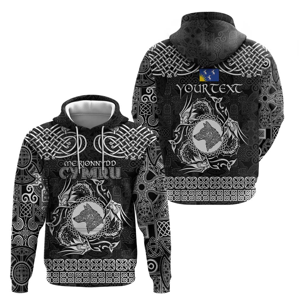 Personalized Merionethshire Meirionnydd Hoodie Black Wolf Celtic-inspired LT9