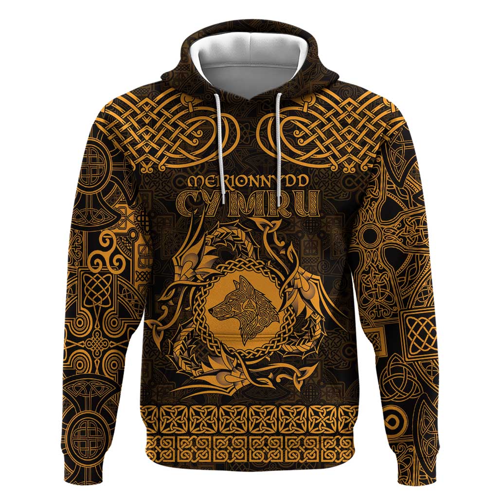 Personalized Merionethshire Meirionnydd Hoodie Gold Wolf Celtic-inspired LT9