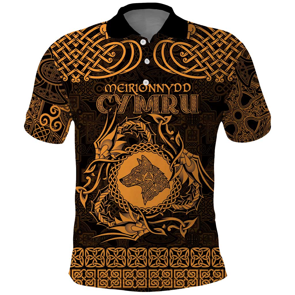 Personalized Merionethshire Meirionnydd Polo Shirt Gold Wolf Celtic-inspired LT9
