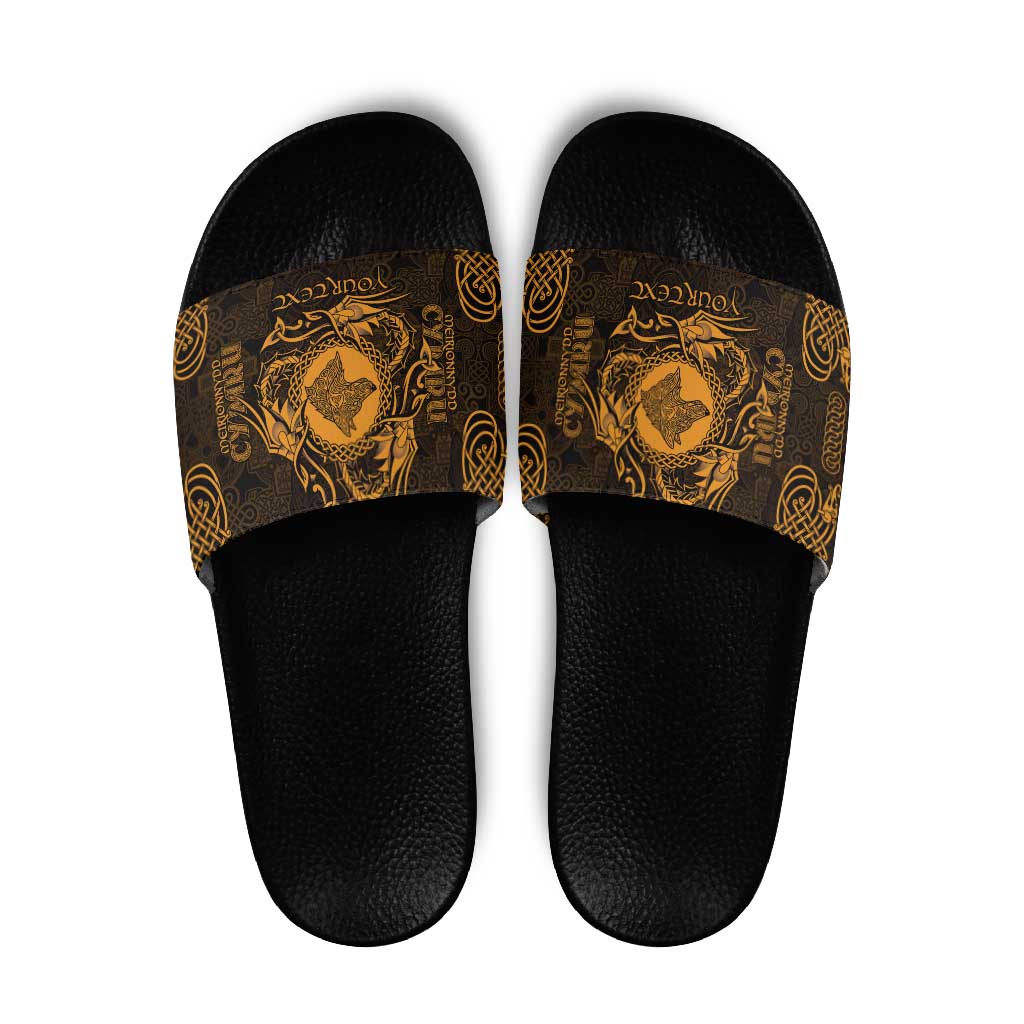 Personalized Merionethshire Meirionnydd Slide Sandals Gold Wolf Celtic-inspired LT9