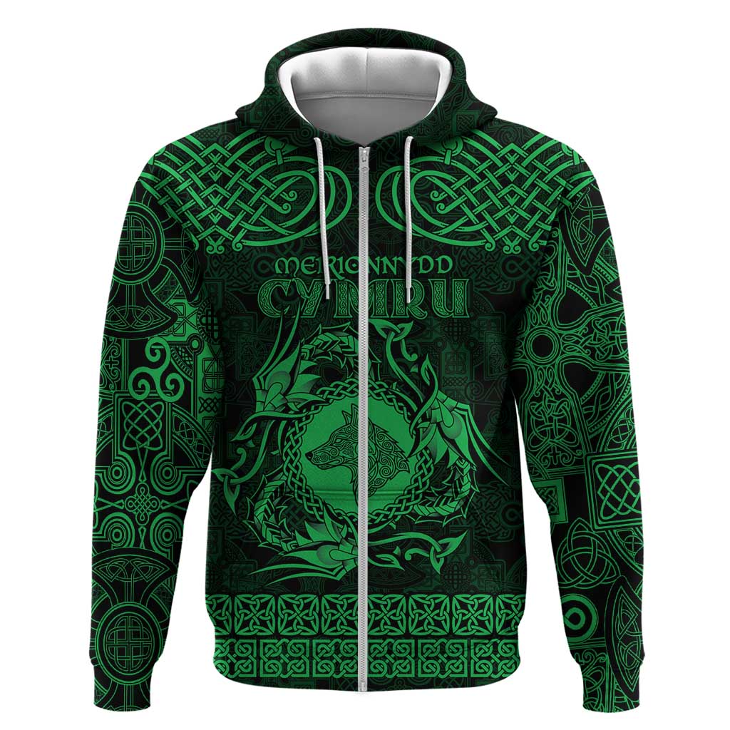 Personalized Merionethshire Meirionnydd Hoodie Green Wolf Celtic-inspired LT9