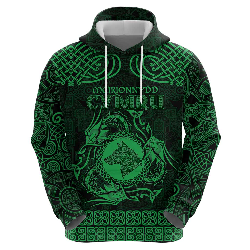 Personalized Merionethshire Meirionnydd Hoodie Green Wolf Celtic-inspired LT9