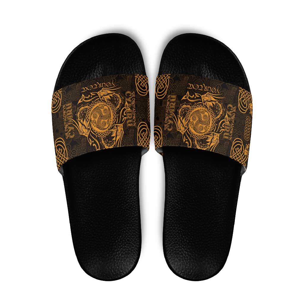Personalized Montgomeryshire Sir Drefaldwyn Slide Sandals Gold Water Triskele Celtic-inspired LT9
