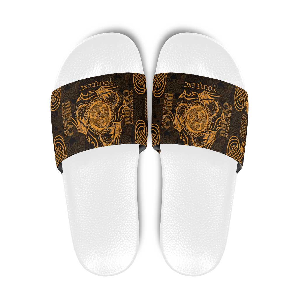 Personalized Montgomeryshire Sir Drefaldwyn Slide Sandals Gold Water Triskele Celtic-inspired LT9