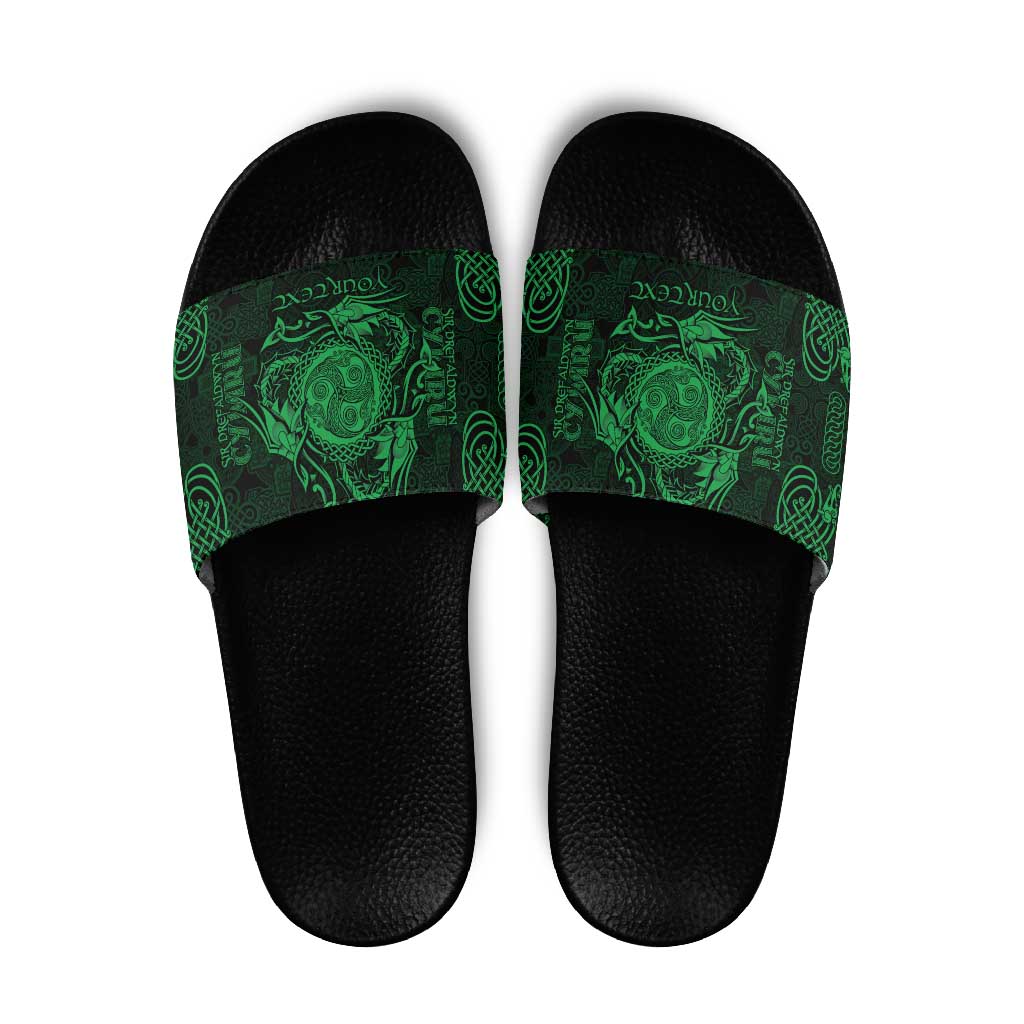 Personalized Montgomeryshire Sir Drefaldwyn Slide Sandals Green Water Triskele Celtic-inspired LT9