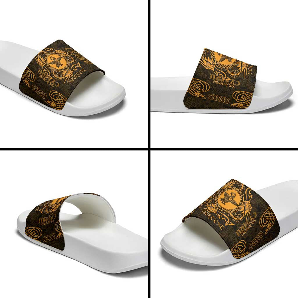 Personalized Pembrokeshire Sir Benfro Slide Sandals Gold Puffin Celtic-inspired LT9