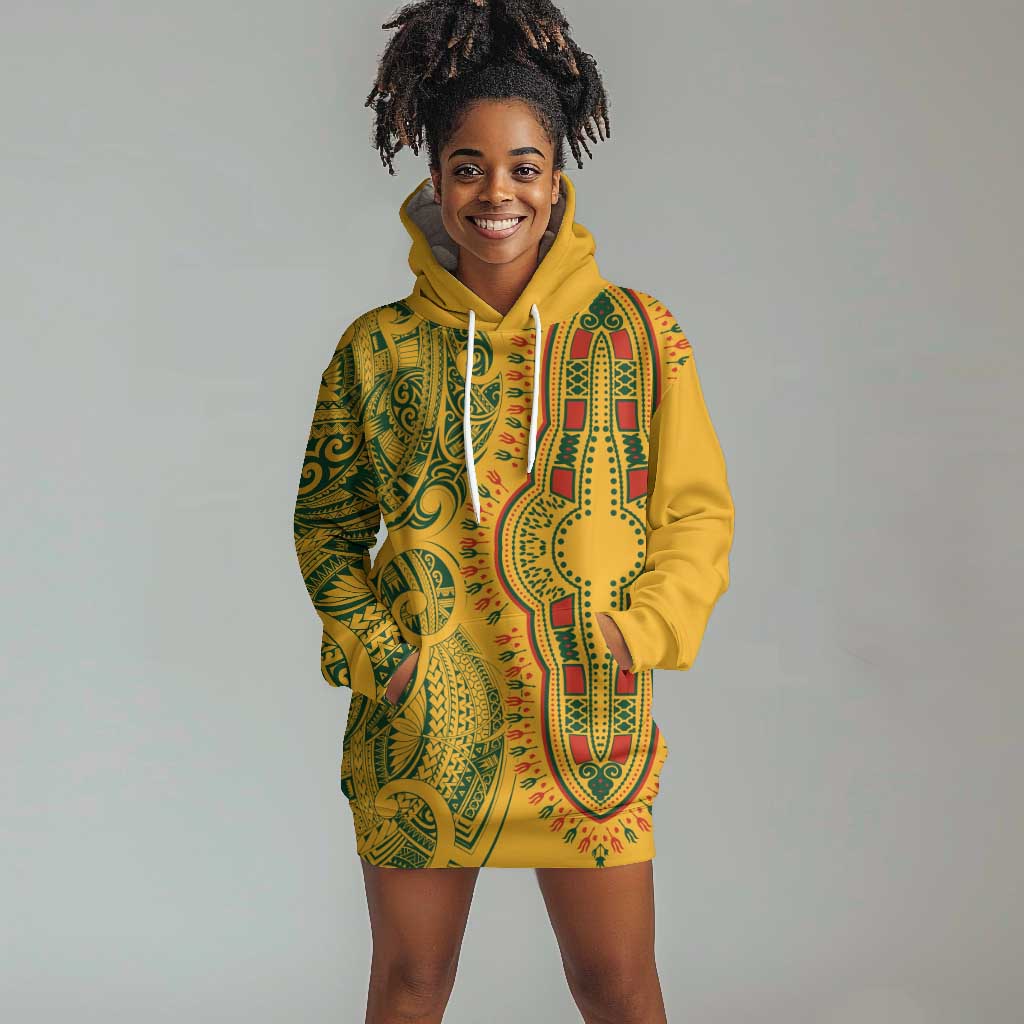 Dashiki and Polynesian Pattern Hoodie Dress Afro Pacific Culture Gold Version LT9