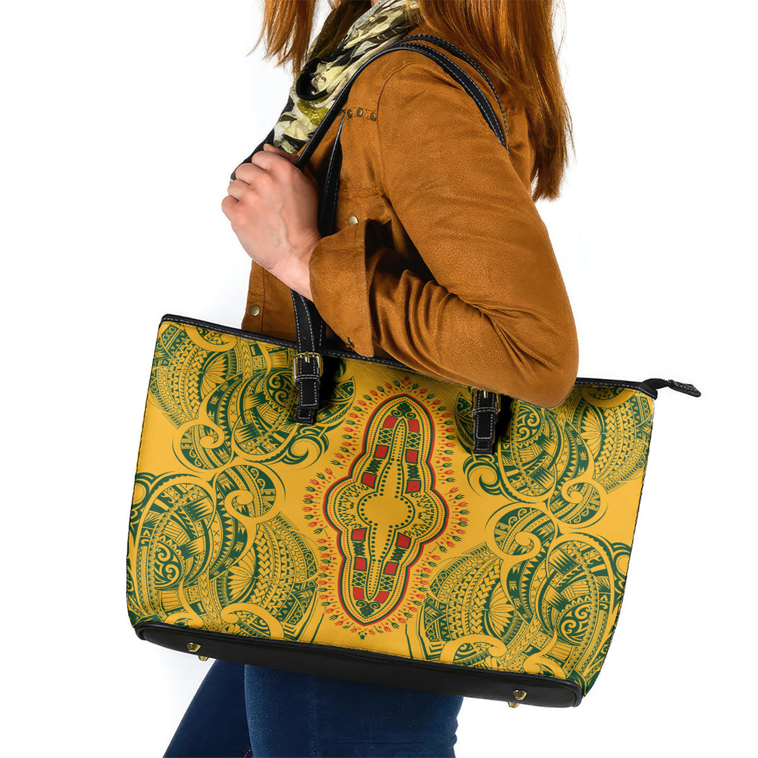 Africa Dashiki Leather Tote Bag African Tribal Art Mixed Polynesian Tattoo Gold Color Unique LT9