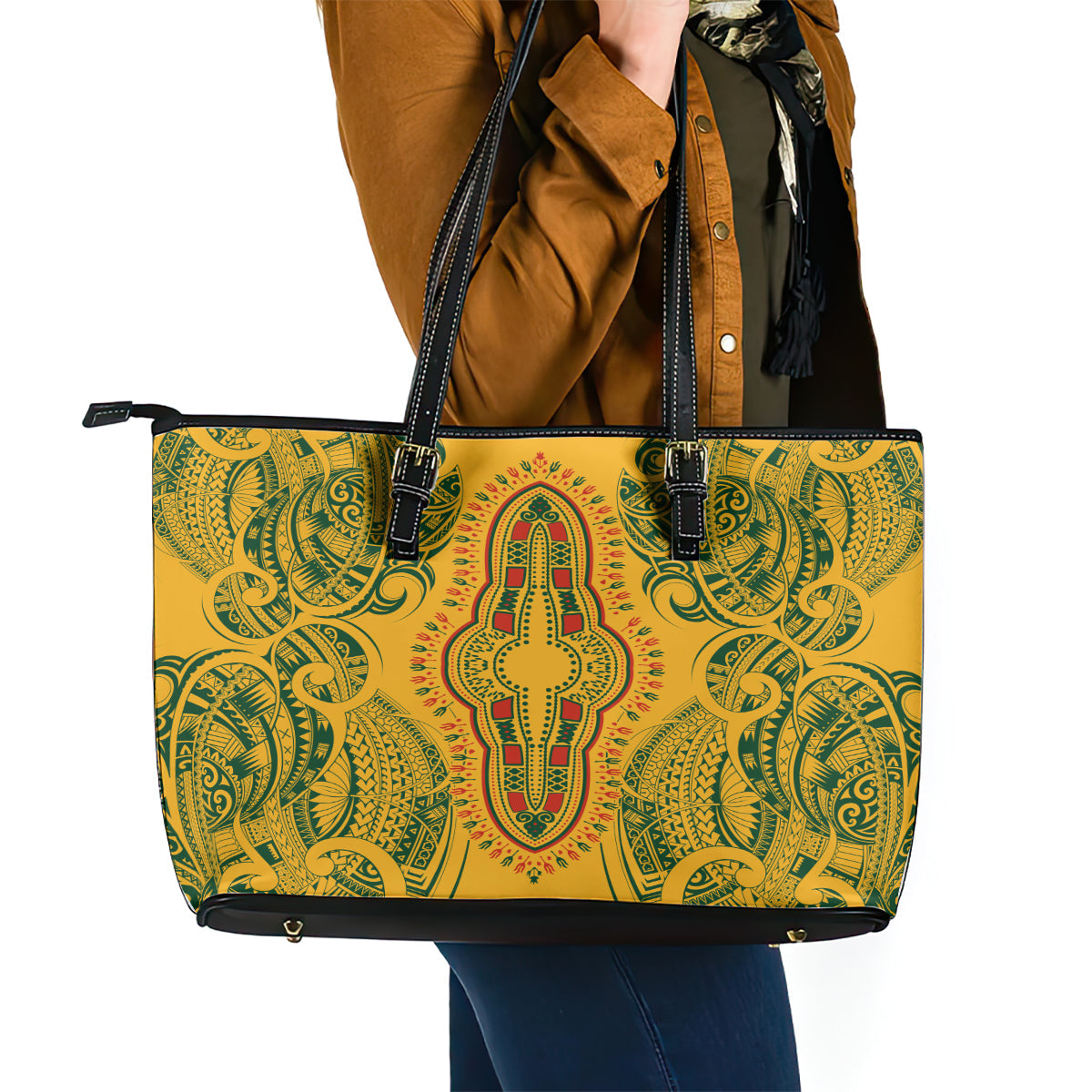 Africa Dashiki Leather Tote Bag African Tribal Art Mixed Polynesian Tattoo Gold Color Unique LT9