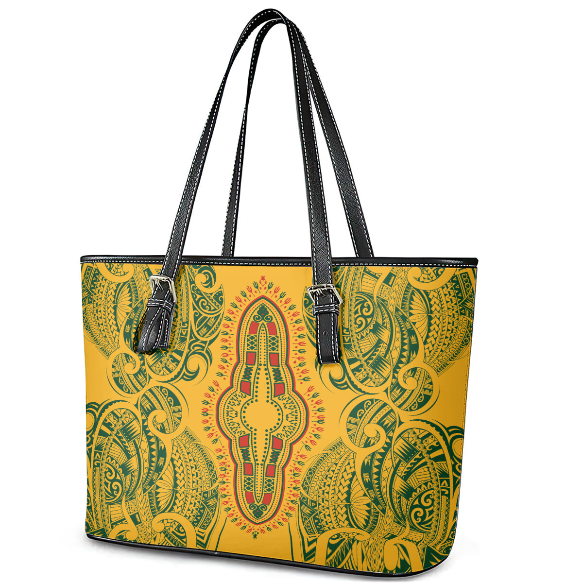 Africa Dashiki Leather Tote Bag African Tribal Art Mixed Polynesian Tattoo Gold Color Unique LT9