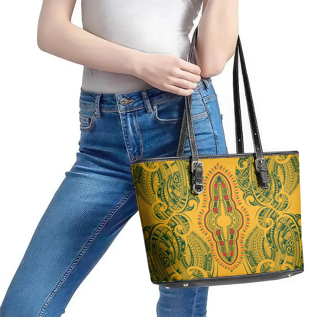 Africa Dashiki Leather Tote Bag African Tribal Art Mixed Polynesian Tattoo Gold Color Unique LT9