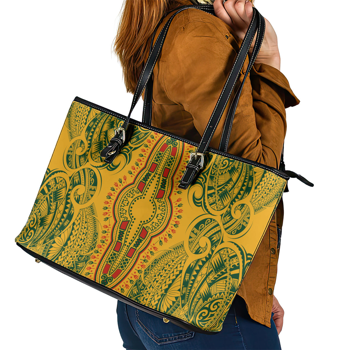Africa Dashiki Leather Tote Bag African Tribal Art Mixed Polynesian Tattoo Gold Color Unique LT9