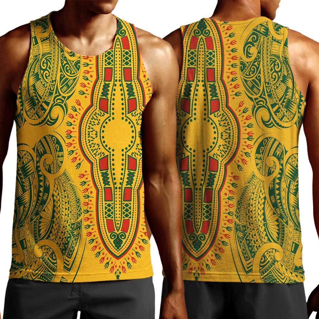 Dashiki and Polynesian Pattern Men Tank Top Afro Pacific Culture Gold Version LT9
