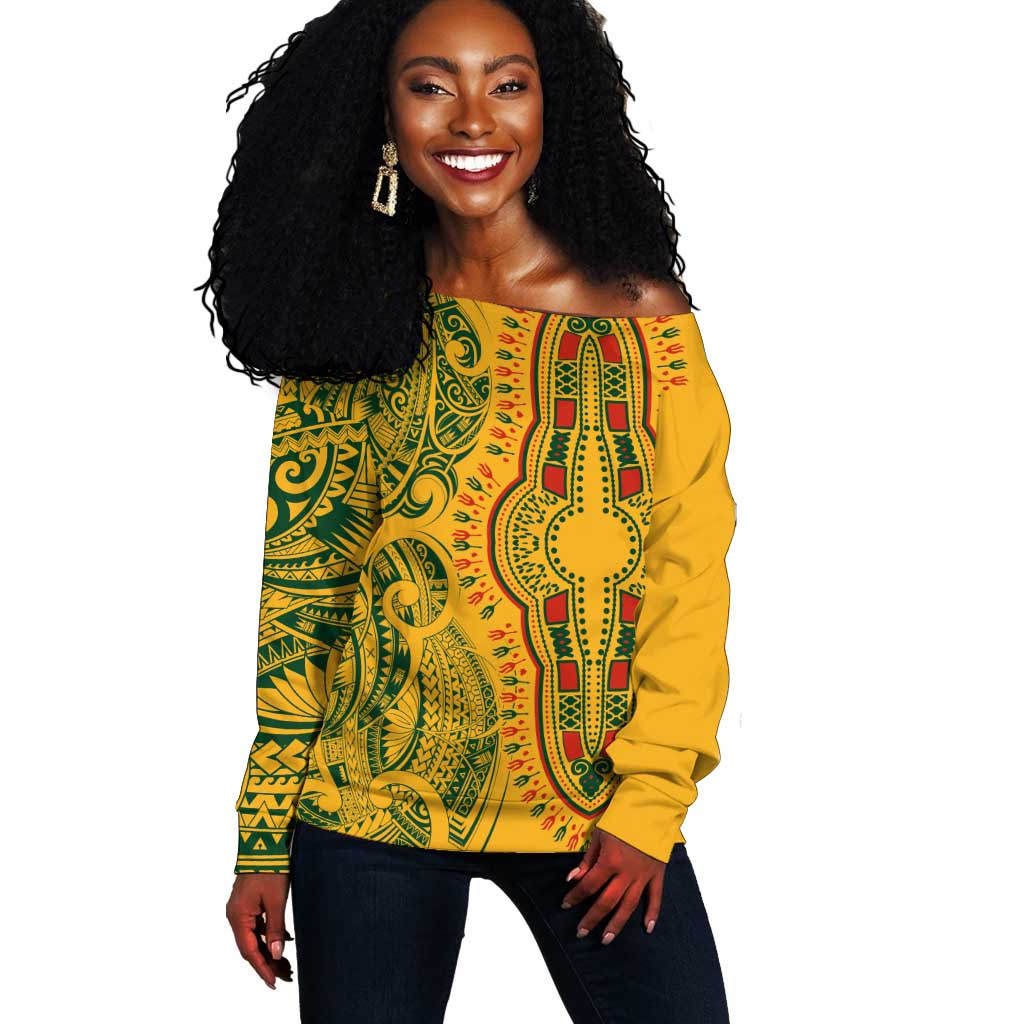 Dashiki and Polynesian Pattern Off Shoulder Sweater Afro Pacific Culture Gold Version LT9