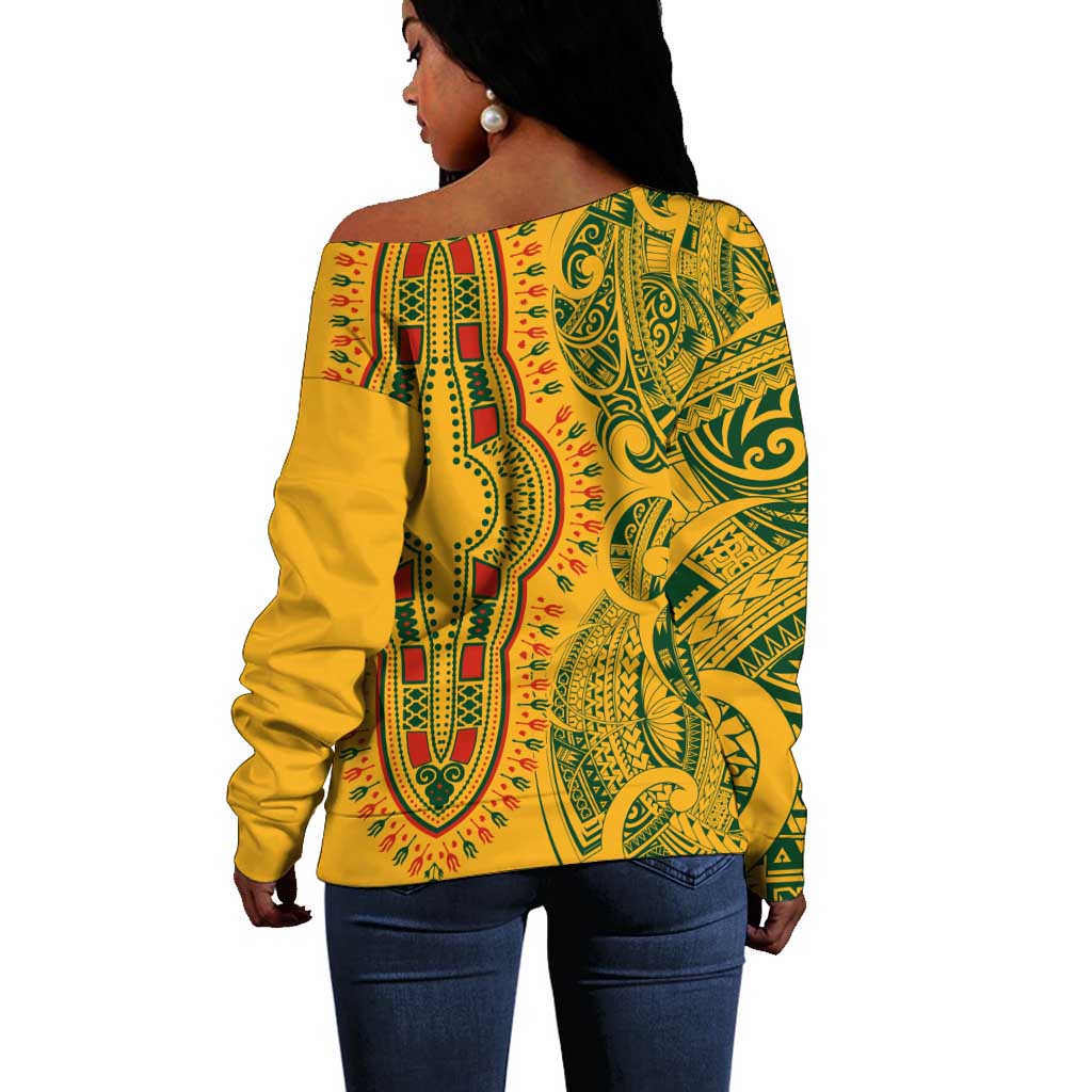 Dashiki and Polynesian Pattern Off Shoulder Sweater Afro Pacific Culture Gold Version LT9