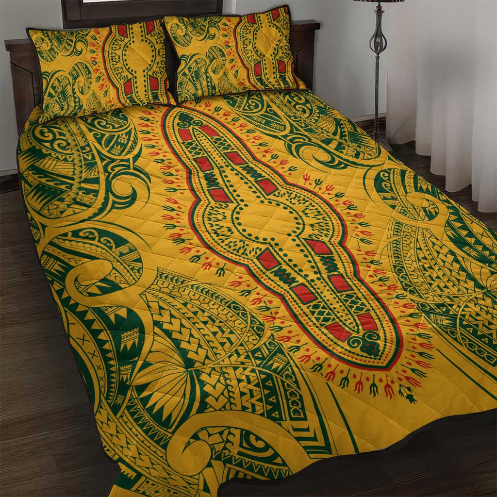 Dashiki and Polynesian Pattern Quilt Bed Set Afro Pacific Culture Gold Version LT9