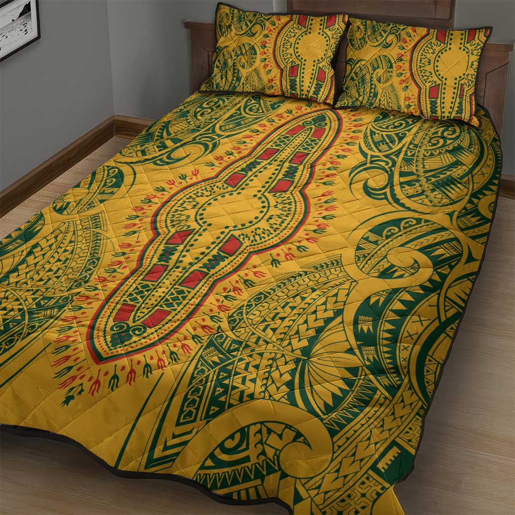 Dashiki and Polynesian Pattern Quilt Bed Set Afro Pacific Culture Gold Version LT9