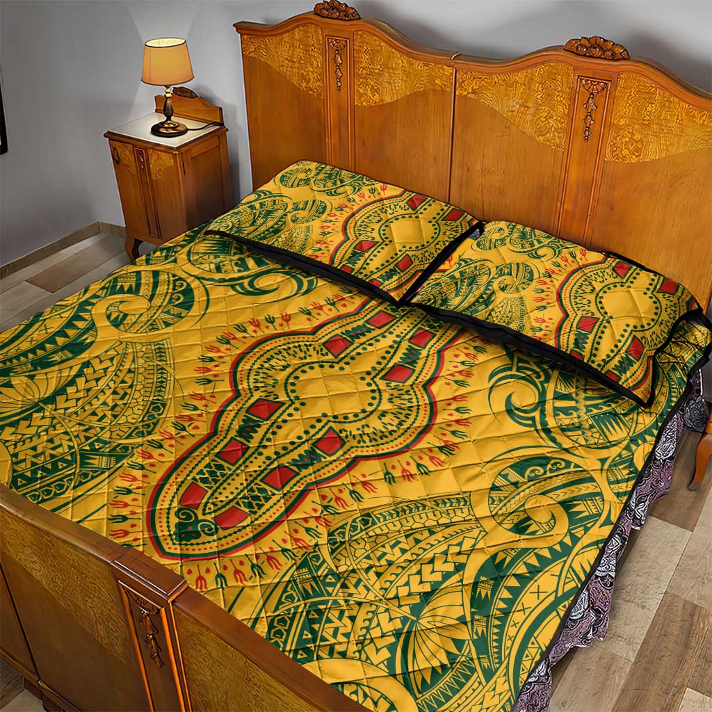 Dashiki and Polynesian Pattern Quilt Bed Set Afro Pacific Culture Gold Version LT9