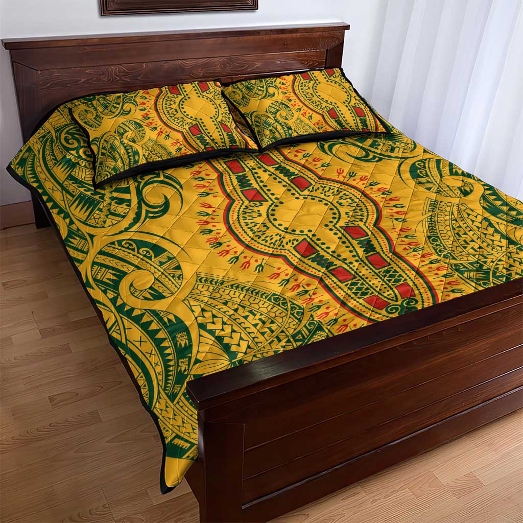 Dashiki and Polynesian Pattern Quilt Bed Set Afro Pacific Culture Gold Version LT9