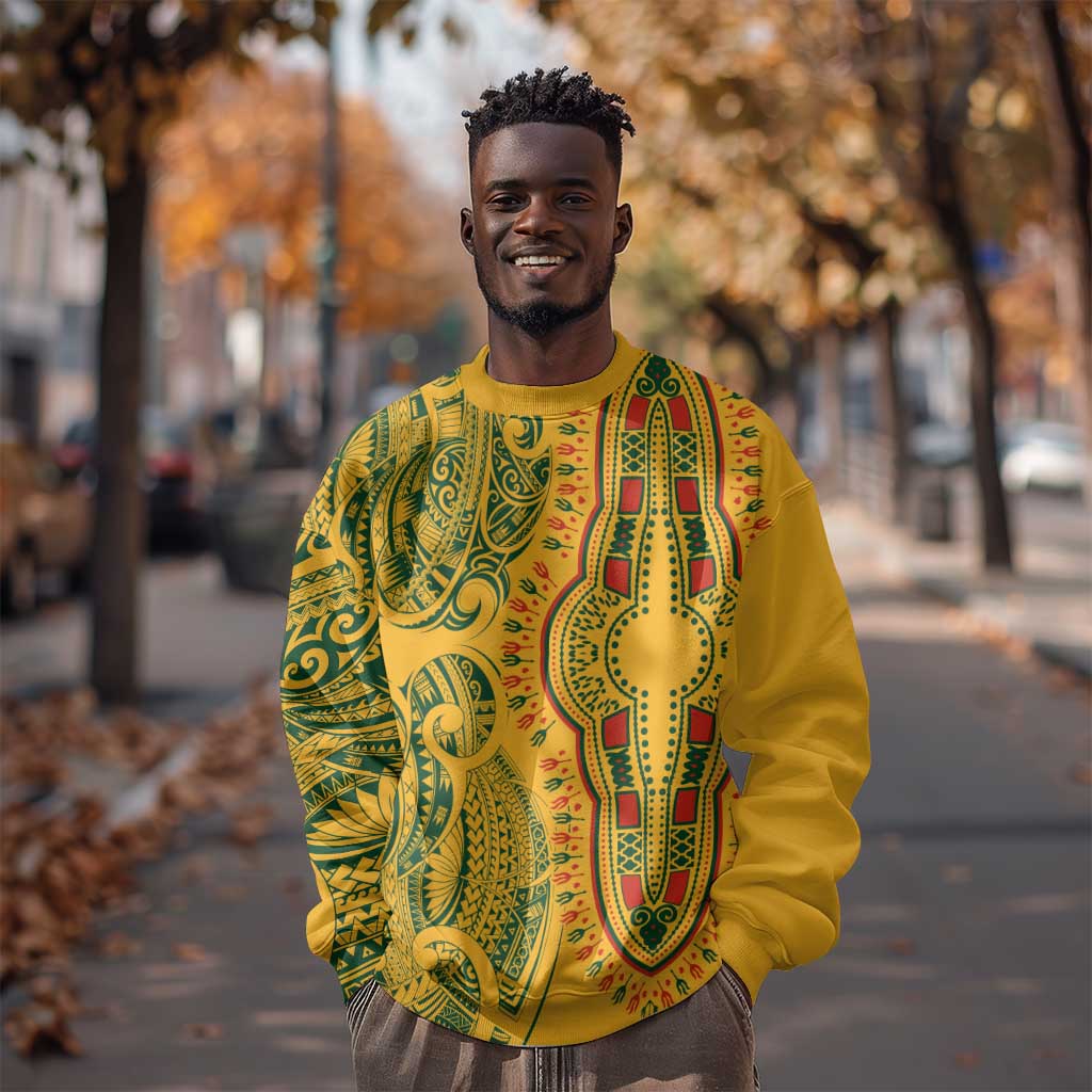 Dashiki and Polynesian Pattern Sweatshirt Afro Pacific Culture Gold Version LT9