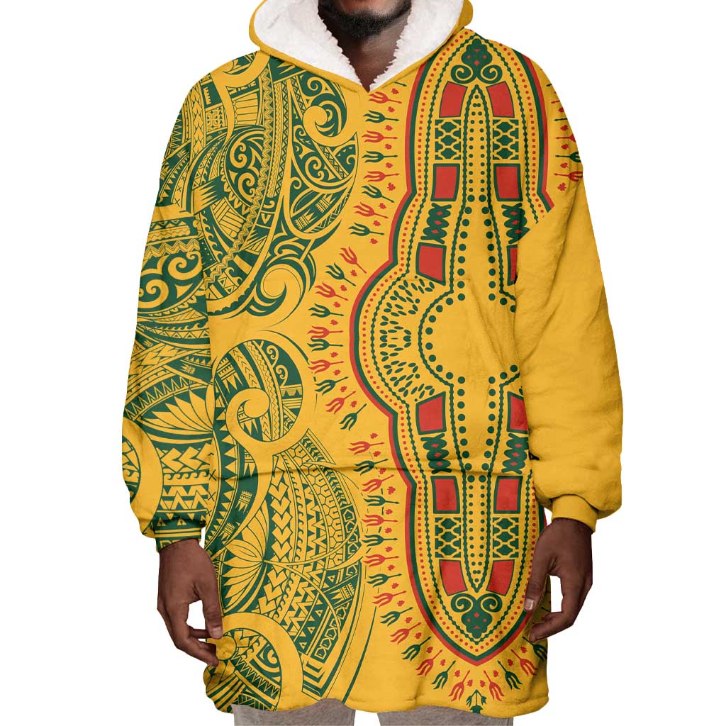 Dashiki and Polynesian Pattern Wearable Blanket Hoodie Afro Pacific Culture Gold Version LT9