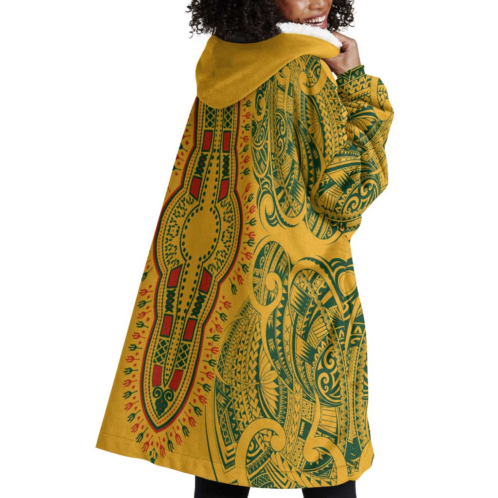 Dashiki and Polynesian Pattern Wearable Blanket Hoodie Afro Pacific Culture Gold Version LT9