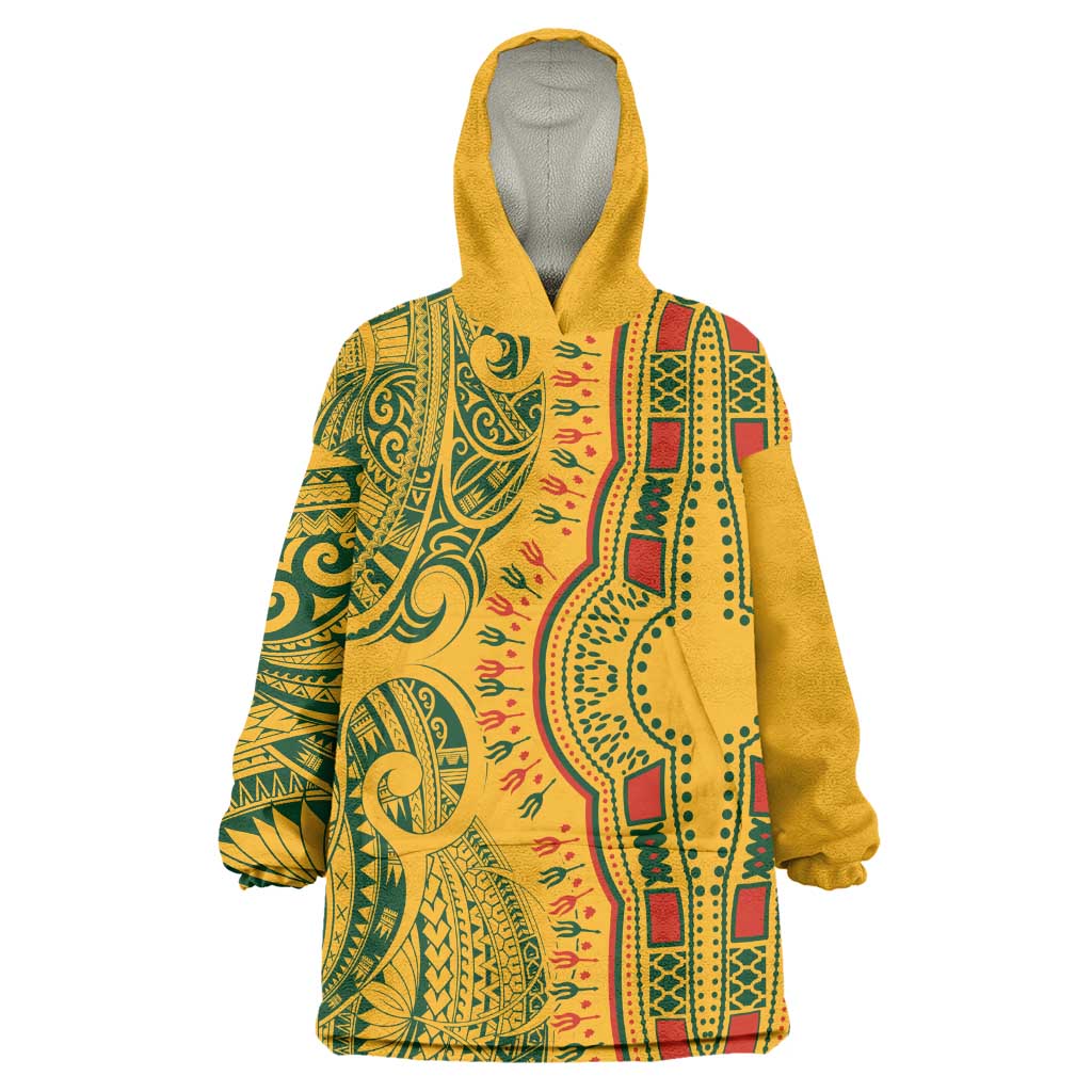 Dashiki and Polynesian Pattern Wearable Blanket Hoodie Afro Pacific Culture Gold Version LT9