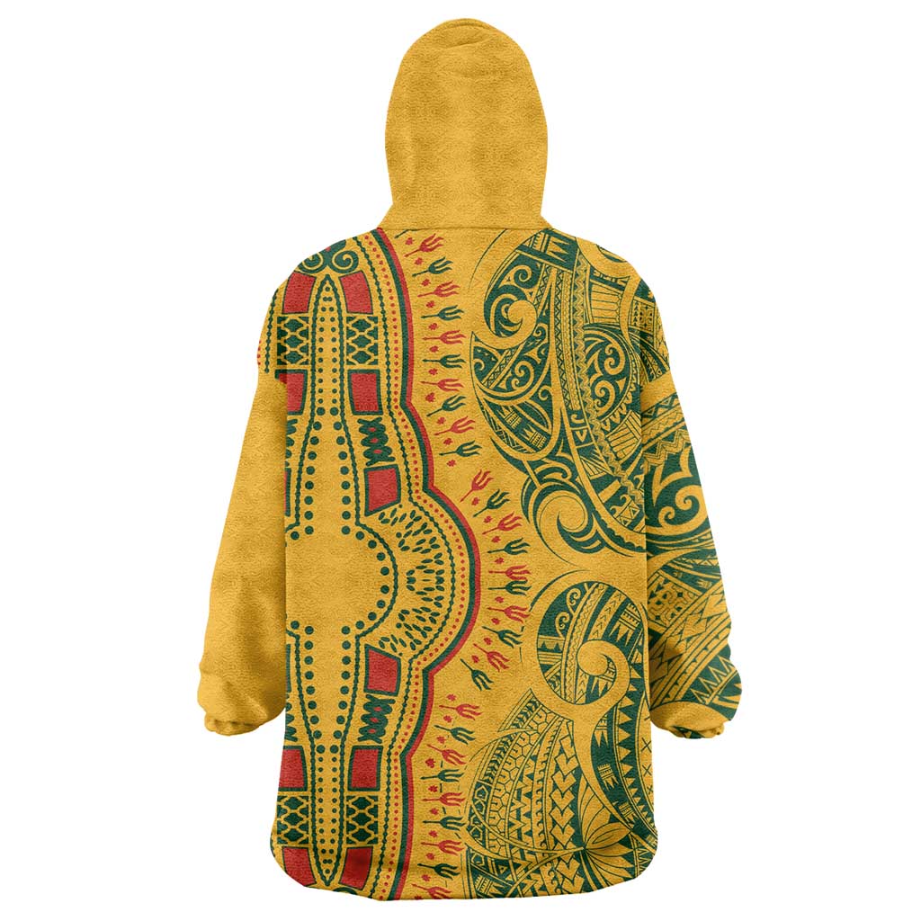 Dashiki and Polynesian Pattern Wearable Blanket Hoodie Afro Pacific Culture Gold Version LT9